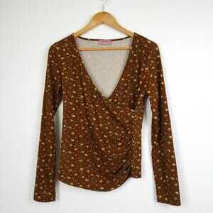 Ragdoll V-Neck Top Women's XL Brown Long Sleeve Ruched NEW